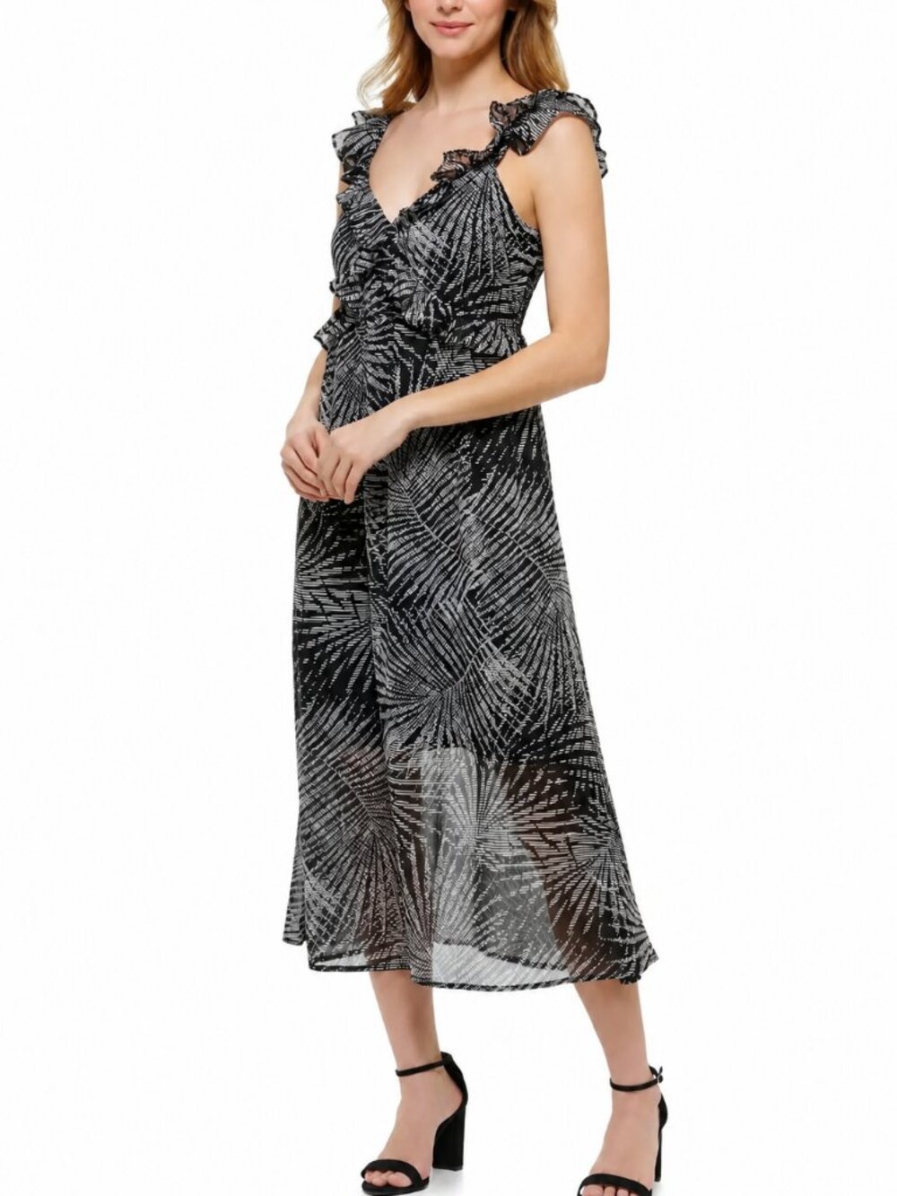 Kensie Black White Abstract Midi Dress Size 4 Smocked Ruffle Straps